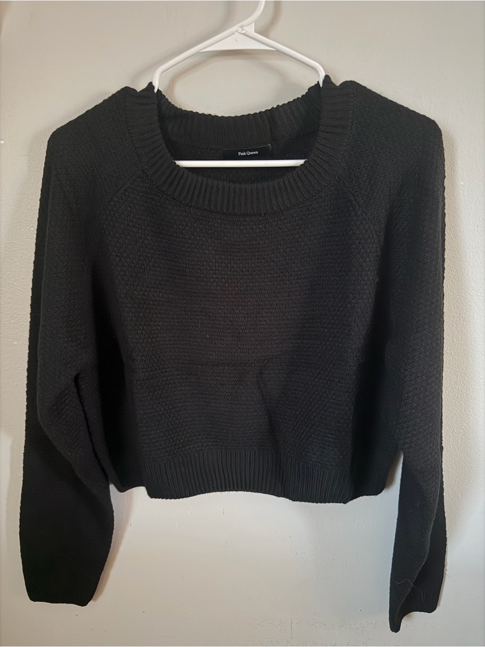 Pink Queen Women's Black Knit Pullover Sweater S Crew Neck Ribbed Trim Cropped